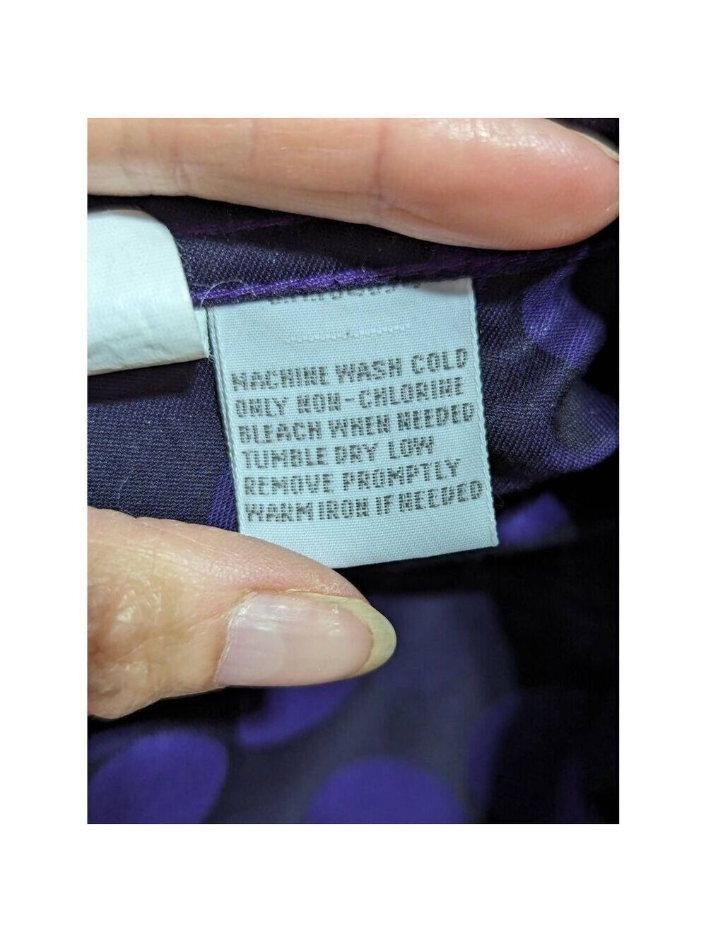 Foxcroft Women's 12 Purple Long Sleeve Button Front Blouse Black Abstract Polka - Picture 8 of 10